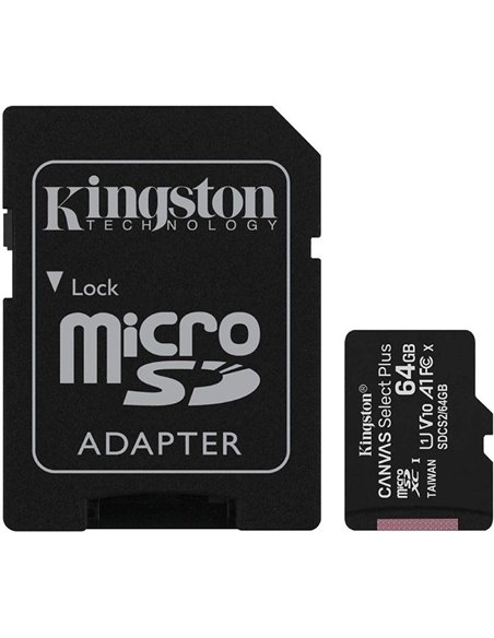 Tarjeta de memoria kingston canvas select plus 64gb microsd xc con adaptador/ clase 10/ 100mbs