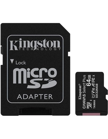 Tarjeta de memoria kingston canvas select plus 64gb microsd xc con adaptador/ clase 10/ 100mbs