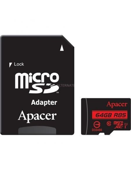 Tarjeta de memoria apacer 64gb xc uhs 1 con adaptador/ clase 10/ 85mbs