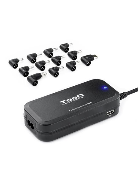 Cargador de portátil tooq tqlc-90bs02at/ 90w/ automático/ 12 conectores/ voltaje 12-20v/ 1 usb