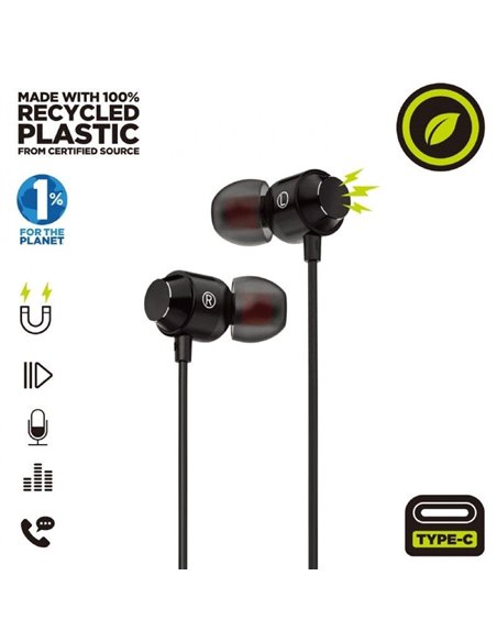 Auriculares intrauditivos muvit for change mchph0006/ con micrófono/ usb tipo-c/ negros