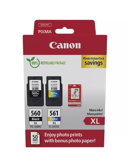 Cartucho de tinta original canon pg-560xl + cl-561xl multipack alta capacidad/ negro/ tricolor + papel fotográfico