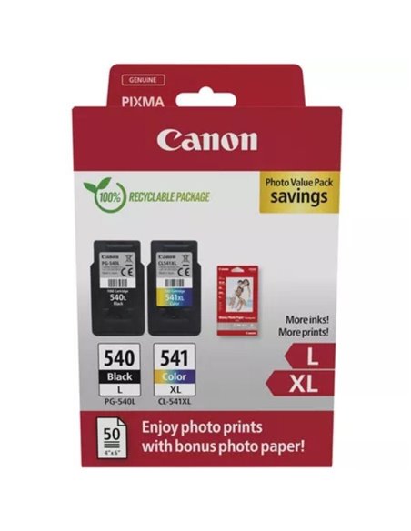 Cartucho de tinta original canon pg-540l + cl-541 xl multipack alta capacidad/ negro/ tricolor + papel fotográfico