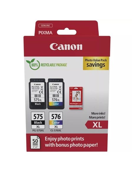 Cartucho de tinta original canon pg-575xl + cl576xl multipack alta capacidad/ negro/ tricolor + papel fotográfico