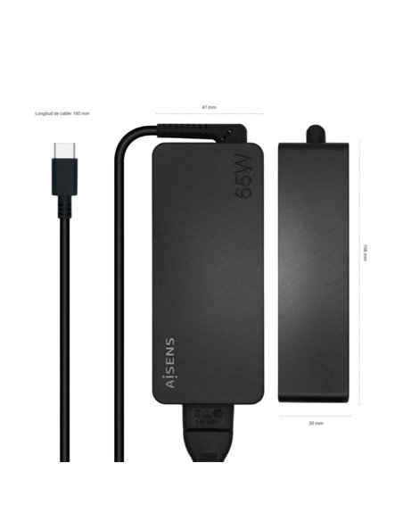 Cargador de Portátil Aisens ASCH-1PD65D-BK/ 1xUSB Tipo-C/ 65W