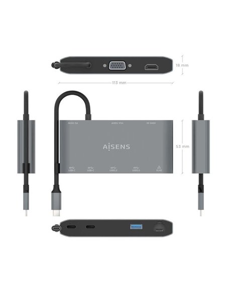 Docking USB Tipo-C Aisens ASUC-8P010-GR/ 1xHDMI/ 1xVGA/ 2xUSB/ 1xRJ45/ 2xUSB Tipo-C/ 1xUSB Tipo-C PD/ Gris