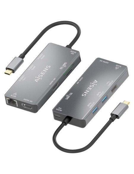 Docking USB Tipo-C Aisens ASUC-9P018-GR/ 2xHDMI/ 3xUSB/ 1xRJ45/ 1xLector Tarjetas/ 1xUSB Tipo-C PD/ Gris
