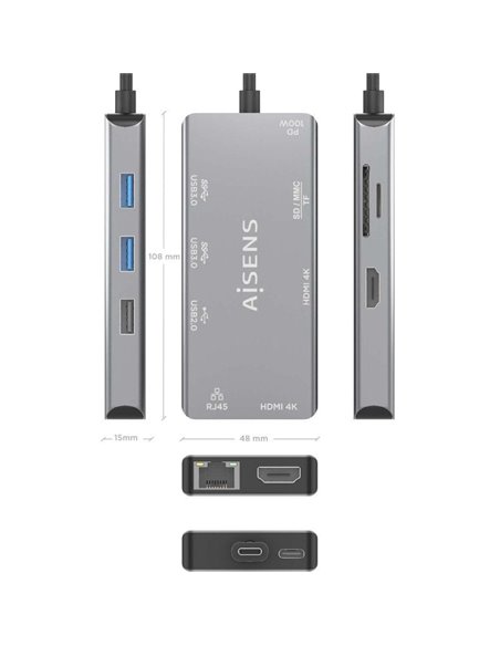 Docking USB Tipo-C Aisens ASUC-9P018-GR/ 2xHDMI/ 3xUSB/ 1xRJ45/ 1xLector Tarjetas/ 1xUSB Tipo-C PD/ Gris