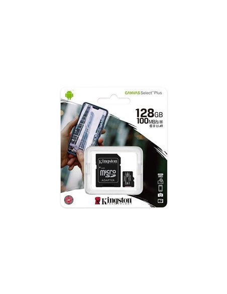 Tarjeta de Memoria Kingston CANVAS Select Plus 128GB microSD XC con Adaptador/ Clase 10/ 100MBs