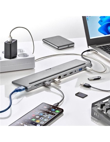 Docking USB Tipo-C NGS WonderDock12/ 3xUSB/ 2xHDMI/ 1xVGA/ 1xRJ45/ 1xLector de Tarjetas/ 1xJack 3.5/ 1xUSB Tipo-C PD/ Gris