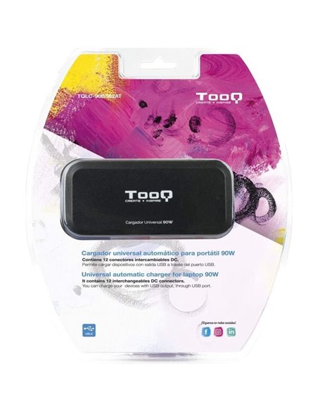 Cargador de Portátil TooQ TQLC-90BS02AT/ 90W/ Automático/ 12 Conectores/ Voltaje 12-20V/ 1 USB