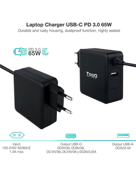 Cargador de Portátil TooQ TQLC-USBC65PD USB Tipo-C/ 65W/ Automático/ Voltaje 5-20V/ 1x USB