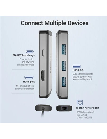 Docking USB Tipo-C Vention CNCHB/ 1xHDMI/ 3xUSB/ 1xUSB Tipo-C PD/ 1xRJ45/ Gris