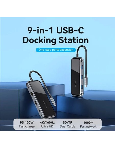 Docking USB Tipo-C Vention TFLHB/ 1xHDMI 4K/ 3xUSB/ 1xRJ45/ 1xLector de Tarjetas/ 1xTRRS 3.5/ 1xUSB Tipo-C PD/ Gris