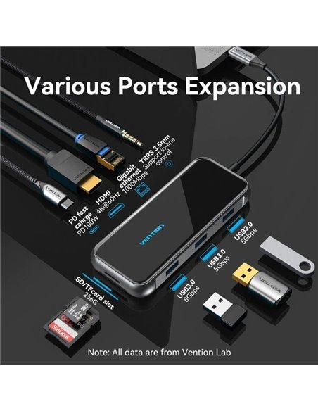 Docking USB Tipo-C Vention TFLHB/ 1xHDMI 4K/ 3xUSB/ 1xRJ45/ 1xLector de Tarjetas/ 1xTRRS 3.5/ 1xUSB Tipo-C PD/ Gris