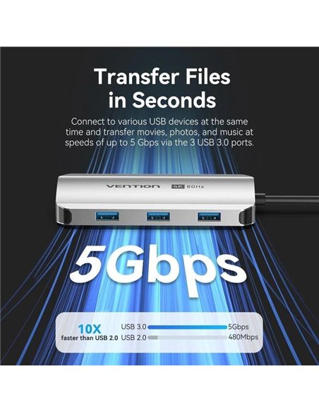 Docking USB Tipo-C Vention TQDHB/ 1xHDMI 4K/ 3xUSB/ 1xUSB Tipo-C PD/ Gris