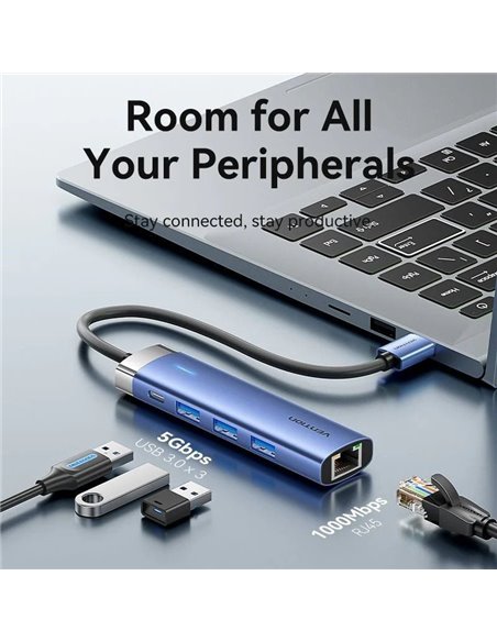 Hub USB 3.0 Vention TGFSB/ 3xUSB/ 1xRJ45/ 1xUSB Tipo-C PD